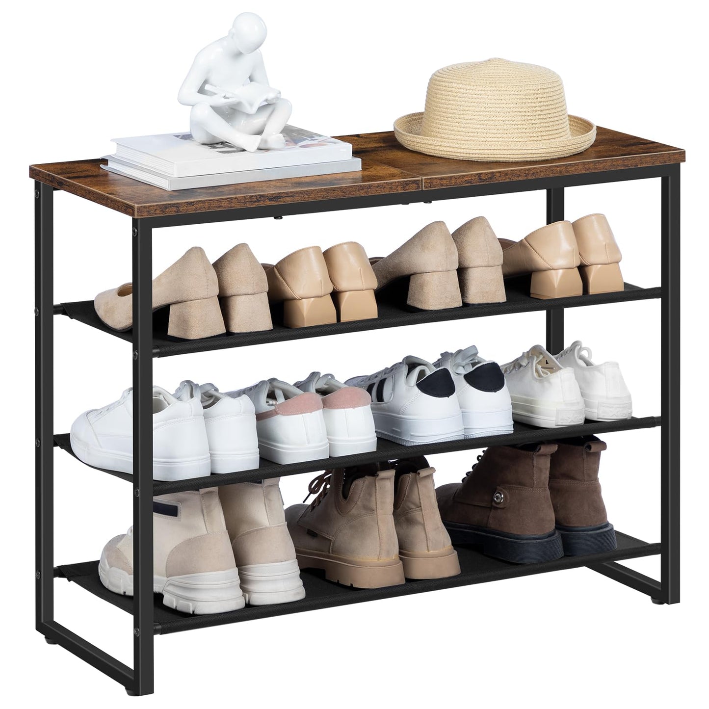 HOOBRO Shoe Rack, 4 Tier Shoe Storage Organizer, Shoe Shelf with 3 Oxford Fabric Shelves and Top Panel, Holds 12-16 Pairs of Shoes, for Entryway, Closet, Steel Frame, Rustic Brown BF47XJ01G1