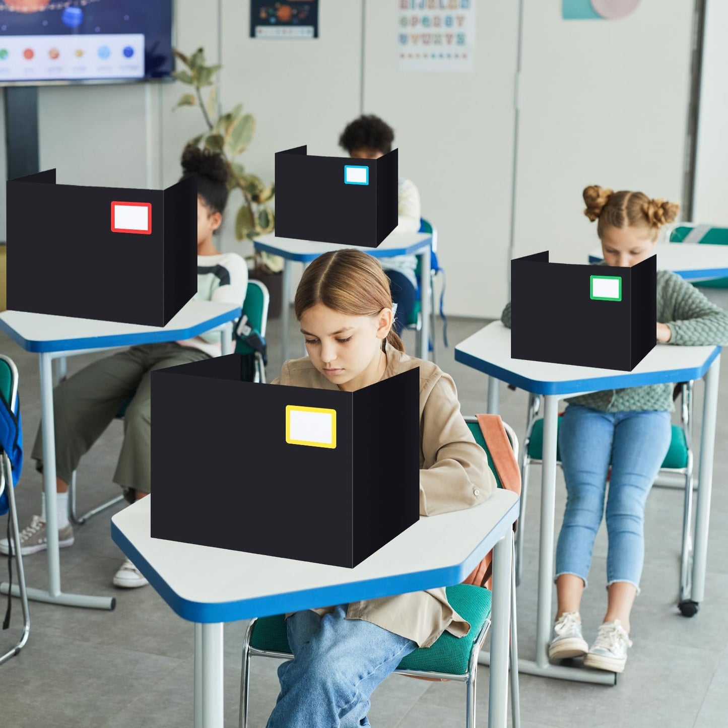 YWLVLI 24 Pack Black Desk Dividers for Students, Privacy Shields Folder for Students, Durable & Waterproof Plastic Study Board, Classroom Teacher Supplies Test Divider, Includes 40pcs Extra Labels