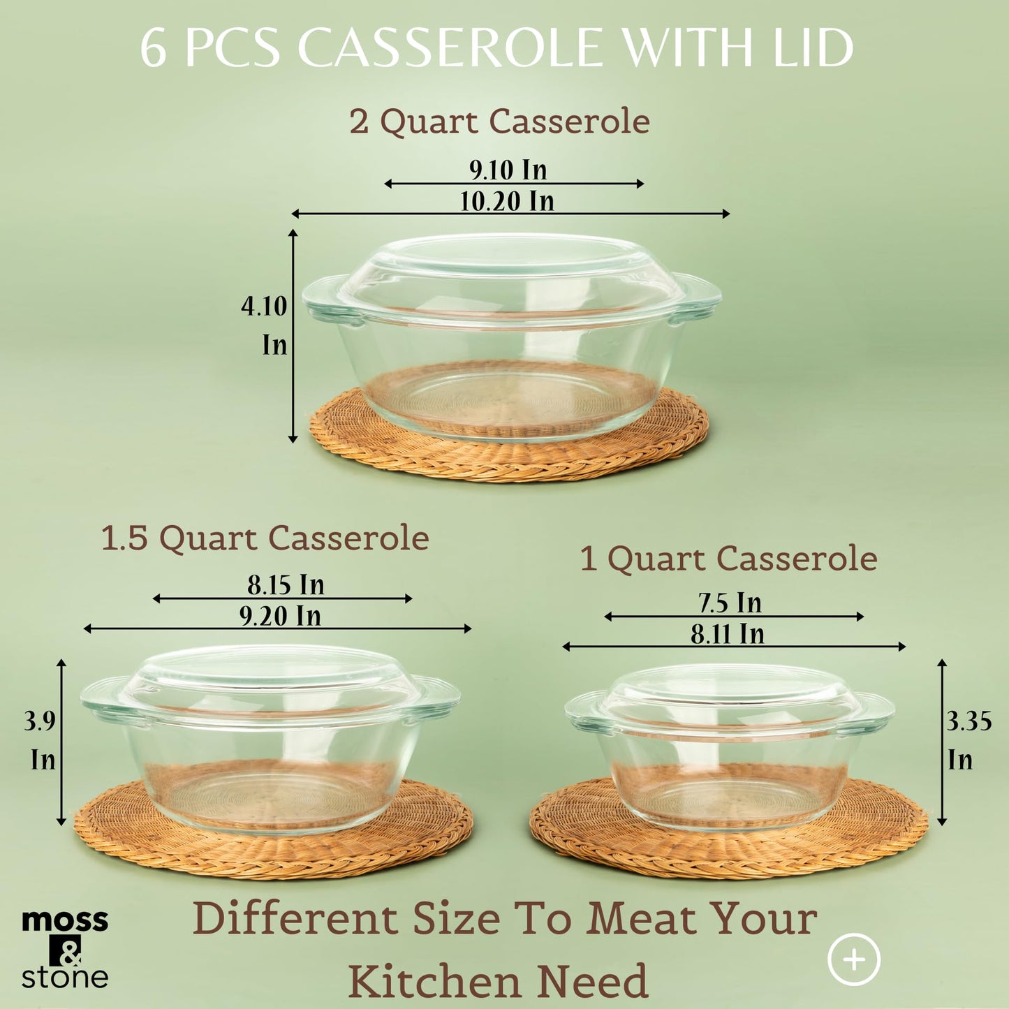 Moss & Stone Basics 3-Piece Glass Casserole Set, Borosilicate Glass, 3 Round Dishes With Lid, Oven & Microwave Safe