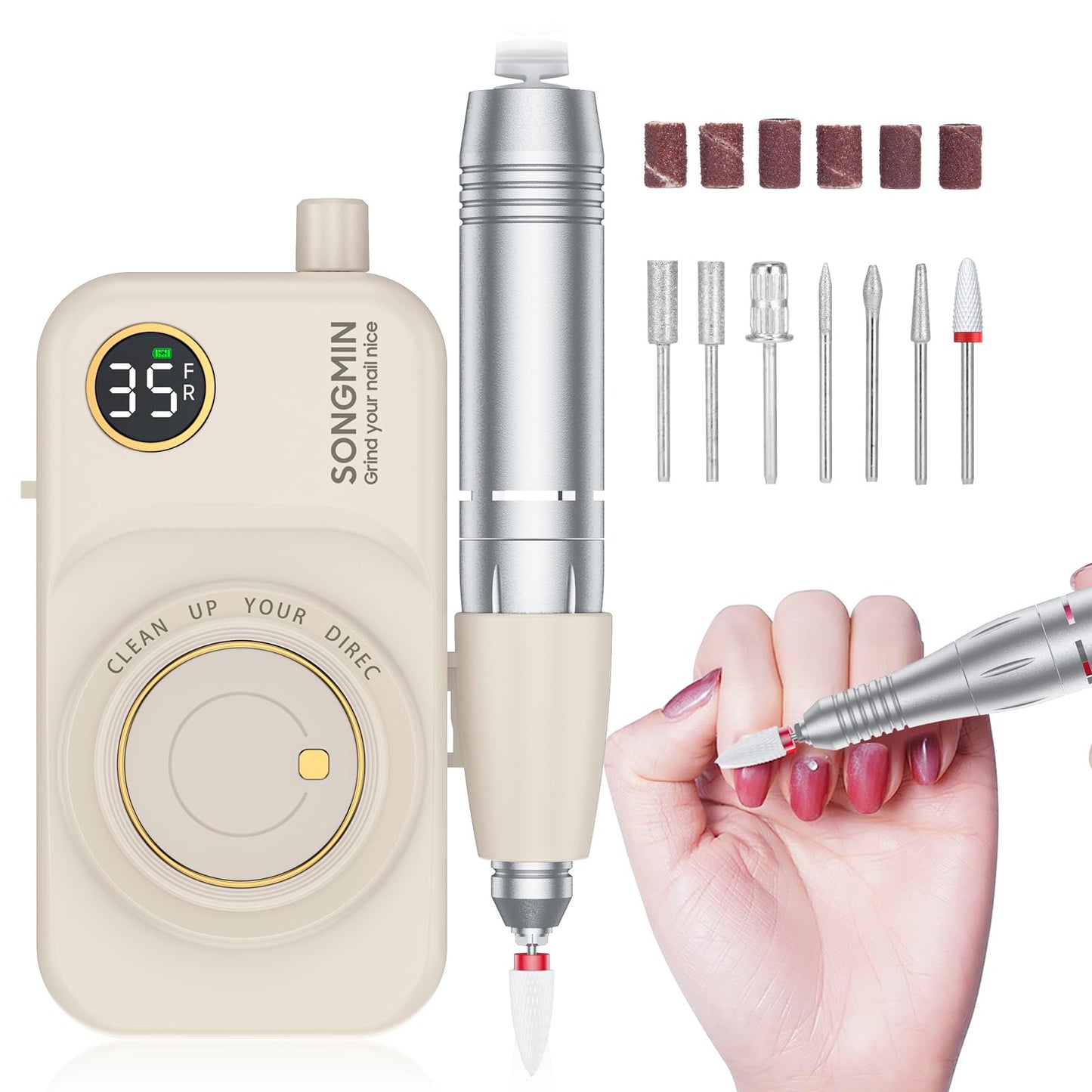 Professional Nail Drill 35000 RPM,SONGMIN Portable Cordless Efile with Bits Kit for Acrylic Nails Gel Polishing Removing,Rechargeable Electric Nail File Machine for Manicure,Pedicure Salon Home,White