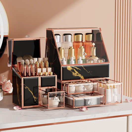 CoralHouse Makeup Organizer,Cosmetics Organizer,Skincare Organizer,Makeup Organizer For Vanity,Brush Organizer,High Hardness Glass Make Up Organizers And Storage,Black Gold,Purely Handmade
