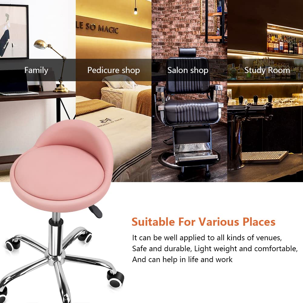 KKTONER PU Leather Round Rolling Stool with Back Rest Height Adjustable Swivel Drafting Work SPA Task Chair with Wheels (Pink)