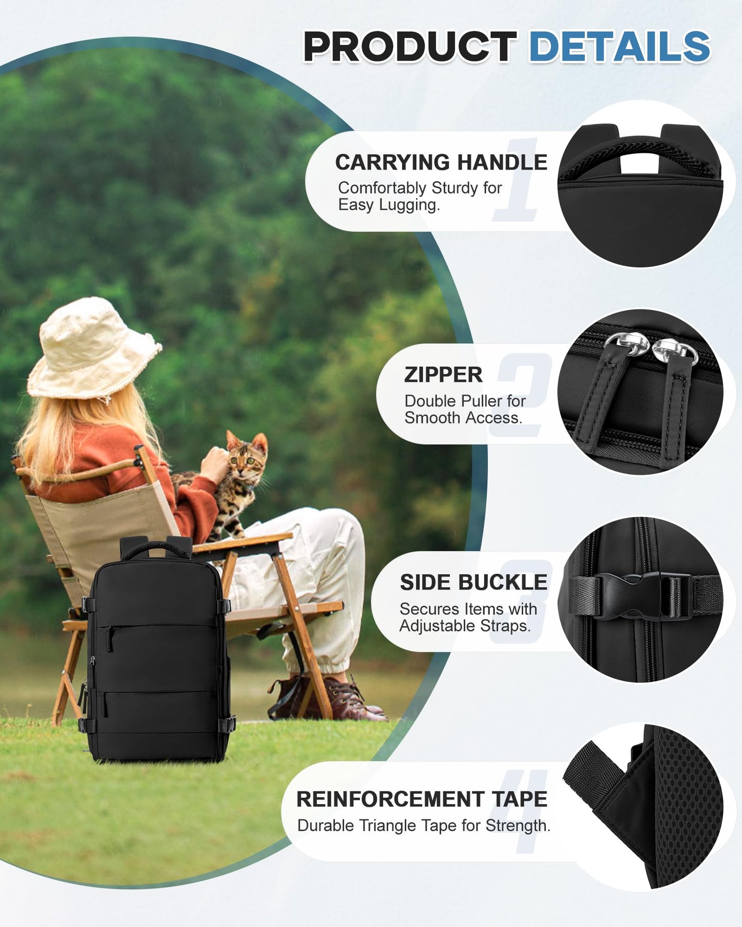 SEAFEW Travel Backpack for Women, Carry on Luggage Backpack Flight Approved Travel Backpack, Waterproof Outdoor Hiking Rucksack Casual Daypack 14 Inch Business Laptop Backapck Men,A2-Black