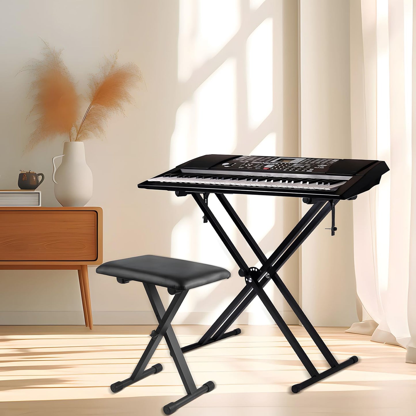 ASDJAKZP Keyboard Stand and Bench Set, Piano Keyboard Stand and Bench with Lockable Straps & Non-Slip Pads, Double-X Keyboard Stand Adjustable Digital Piano Stand and Bench, 7 Adjustable Heights (Black)