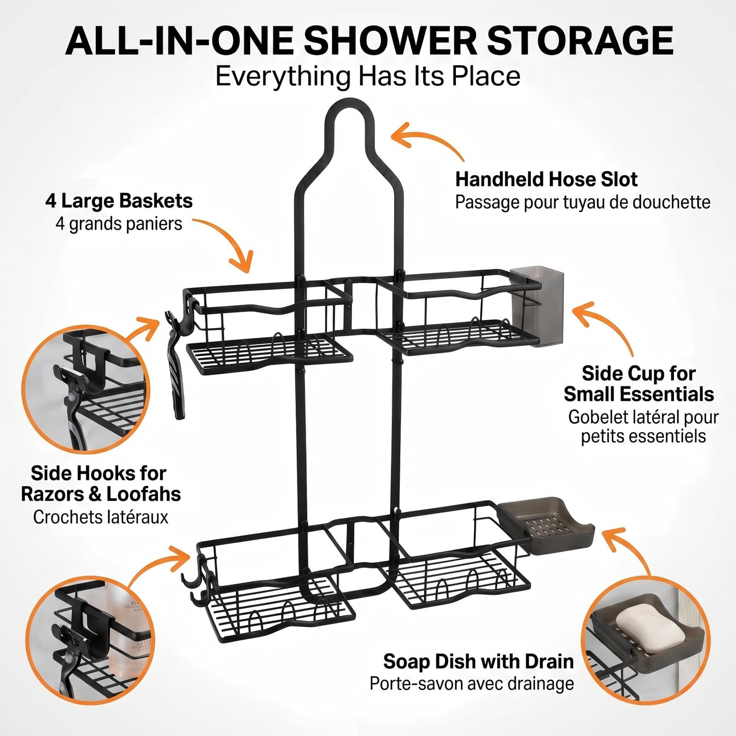 Budsun 2-Tier 15.35" Extra Wide Hanging Shower Caddy for Handheld Shower Head, Rust-Resistant No-Drill Organizer, Anti-Swing Rack, Soap Holder, 4 Adhesive Hooks, Black/Étagère de douche