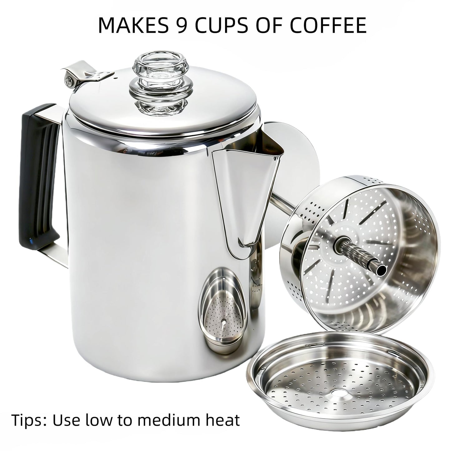 Cididu Coffee Percolator 9 Cup Camping Coffee Pot, Coffee Pot Outdoors, Stainless Steel Stove Top Brew Coffee Maker on Fire, Ideal for Group Camping, Hiking, Backpacking, RV and Travel