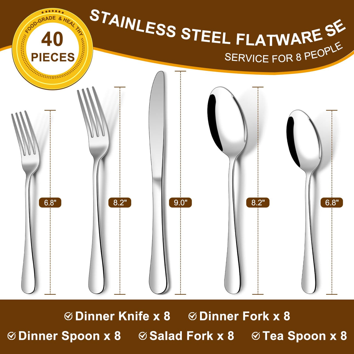 40-Piece Silverware Set Service for 8, Stainless Steel Flatware Cutlery Tableware Set, Utensil Set for Home and Restaurant, Knives Forks Spoons, Mirror Polished, Dishwasher Safe