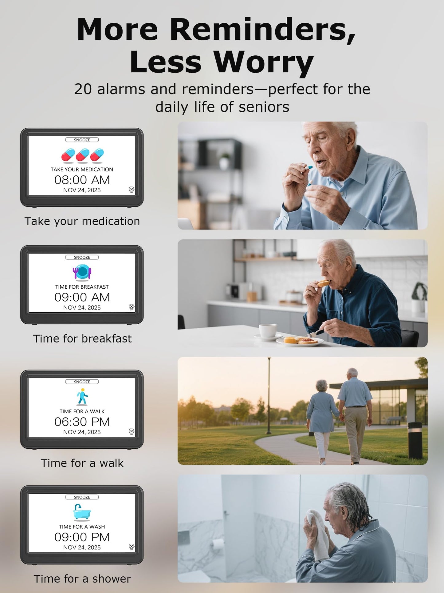 Dementia Clock for Seniors with 20 Alarms & 20 Reminders, 12 Themes, 18 Alarm Sounds, 10-Level Dimmer with Sleep Mode, Digital Calendar Day Clock, Dementia Clock with Date and Time for Elderly