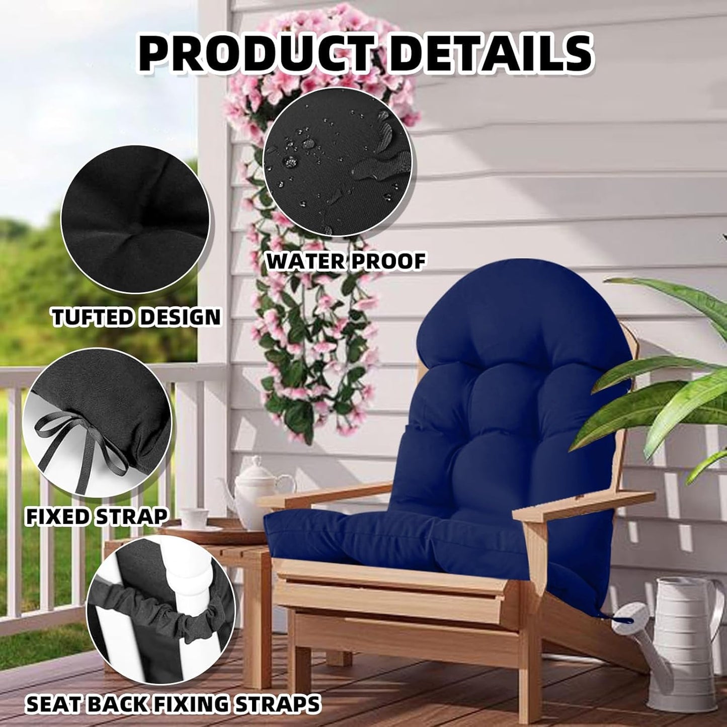 Adirondack Chair Cushion,Thickened Patio Chair Pad for Indoor and Outdoor, Water Proof and Fade-Resistant High Back Rocking Chair Cushion for Indoor and Outdoor,43.3 X 19.7 Inch (Navy Blue)
