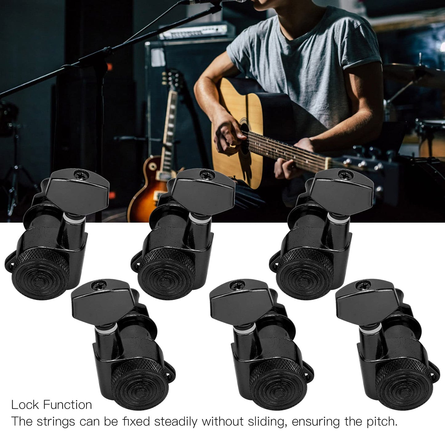 Lock String Tuning Key Pegs, Fastened Vintage Guitar Locking Tuners with 6 Screw, Detachable Locking Guitar String Tuning Pegs for Electric or Acoustic Guitars (Black)