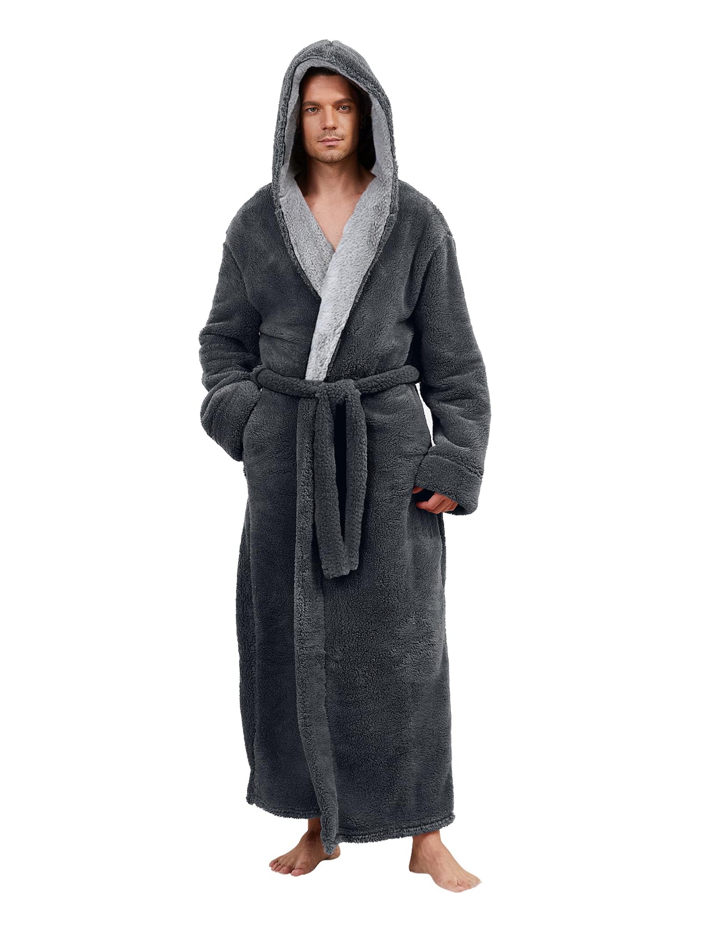 Hellomamma Mens Long Robes with Hood Full Length Hooded Bathrobe Fleece Plush Fluffy Housecoat Nightgown Grey X-Large