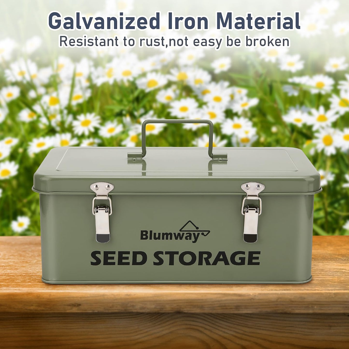 BlumWay Seed Storage Organizer, Metal Seed Saving Box with Lid, Seed Storage Container with Safety Locks, 4 Compartments Seed Packet Organizer, Garden Seed Bin for Plants Flower- Green