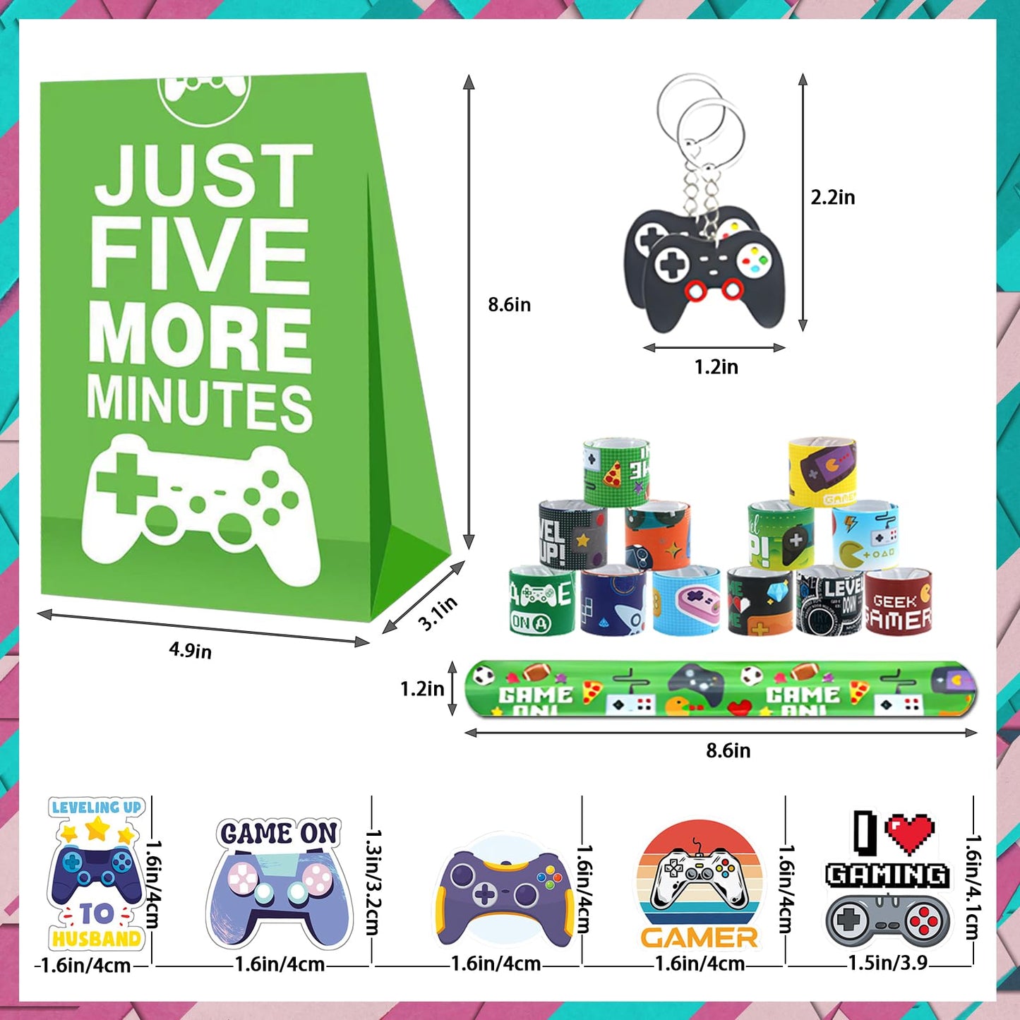 24 Sets of Video Game Party Favors, 220 Pcs Gaming Birthday Goodie Bags Including Game Keychain, Gift Bags, Slap Bracelet, Game Ring, Stickers, Hand Strap for Gaming Kids