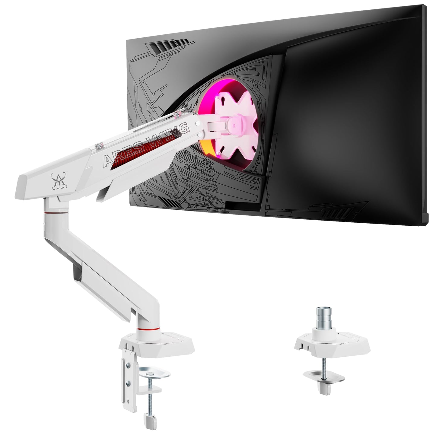 ARES WING Single Monitor Arm for 17-40 Inch Flat Curved Ultrawide Screens Up to 26.5lbs, Fully Adjustable Single Monitor Mount, C-Clamp & Grommet Base, 75/100 Vesa Mount, White