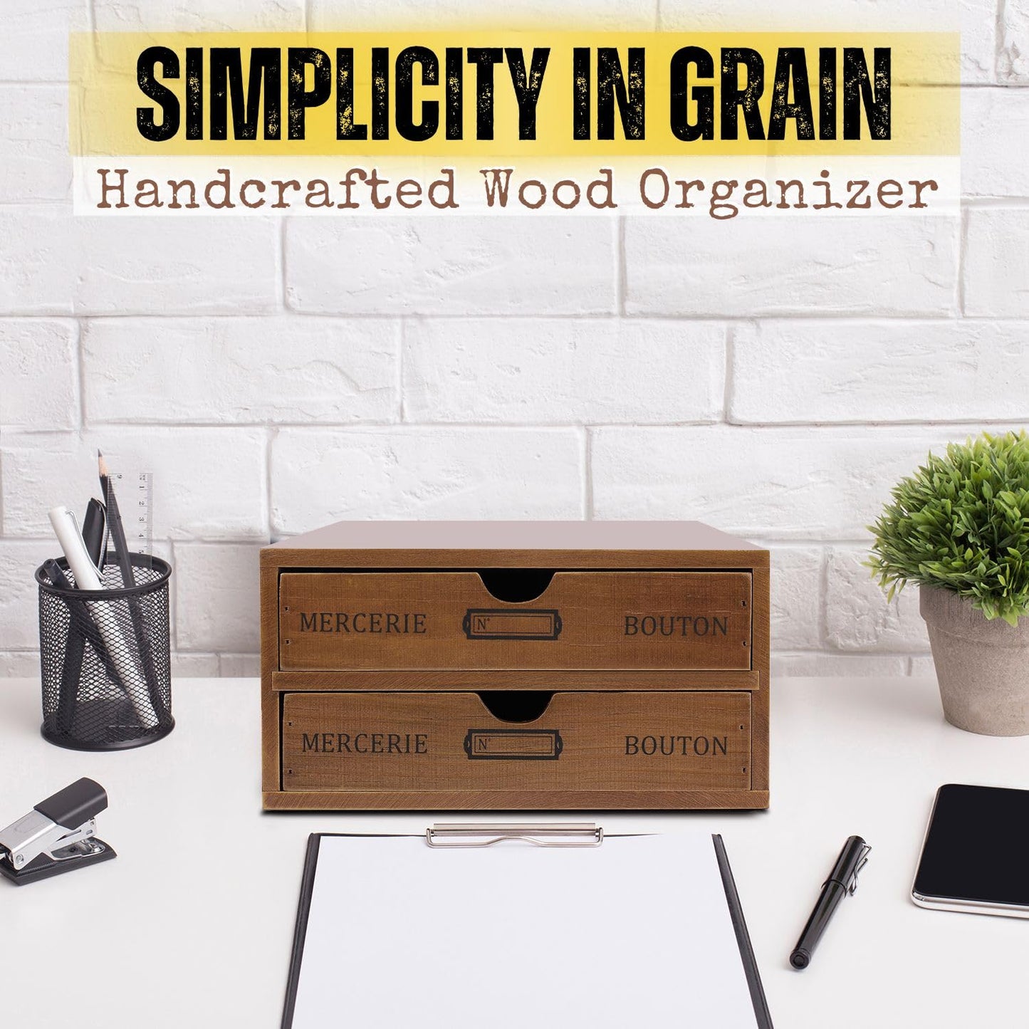 Flexzion Wooden Desktop Office Supplies Organizer with 2 Storage Drawers Set, 2-Tier Wood Tabletop Cabinet, Countertop Desk Accessories Box, for Home Workspace Counter Vanity Decor Art Craft Tool Mail