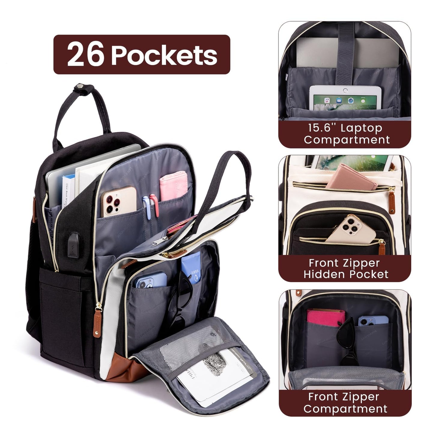 LOVEVOOK Laptop Backpack for Women, Travel Backpacks Work Bags, Backpack Purse, Business Computer Bags with USB, Waterproof, Fits 15.6 Inch Laptop Bag, Beige-Black-Brown