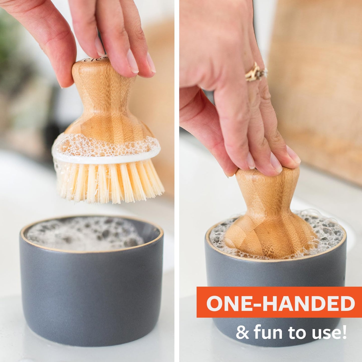 Umarex Full Circle Bubble Up Ceramic Dispenser & Bamboo Handle Replaceable Kitchen Scrubber with Soap Holder, Gray, Dish Brush + Dispenser, Grey/White
