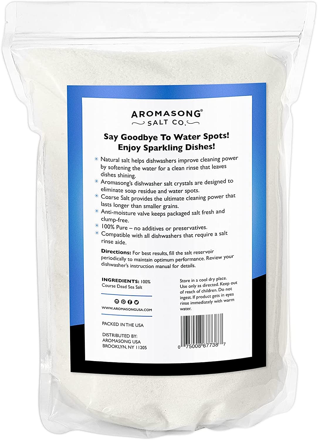 Aromasong Dishwasher Salt 10 LB - 100% Natural Water Softening Agent for Cleaner Dishes & Washer Reactivation - Compatible with Bosch, Miele, Whirlpool, Thermador, and more.
