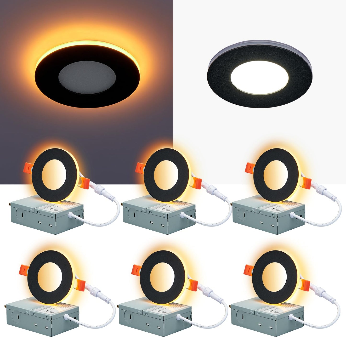 CycevSun Black Pot Lights LED 3 Inch Recessed Lighting with Night Light, Dimmable & 5CCT Selectable Slim Wafer Downlight Soffit, 6W, cETL, IC Rated, 6 Pack