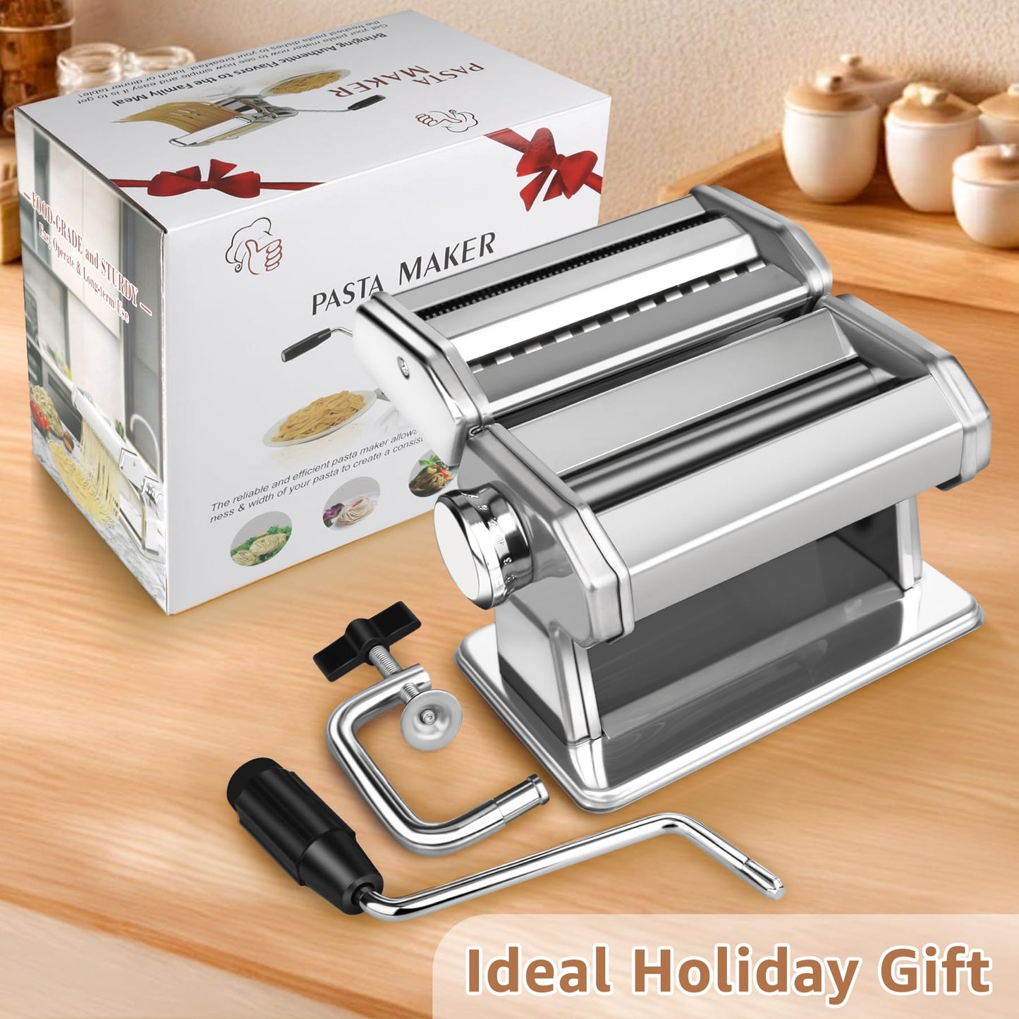 Pasta Maker - 7 Thickness Settings Pasta Roller & 2-in-1 Cutter, Stainless Steel Noodle Maker for Spaghetti, Fettuccine, Ravioli, Lasagna - Includes Hand Crank & Table Clamp