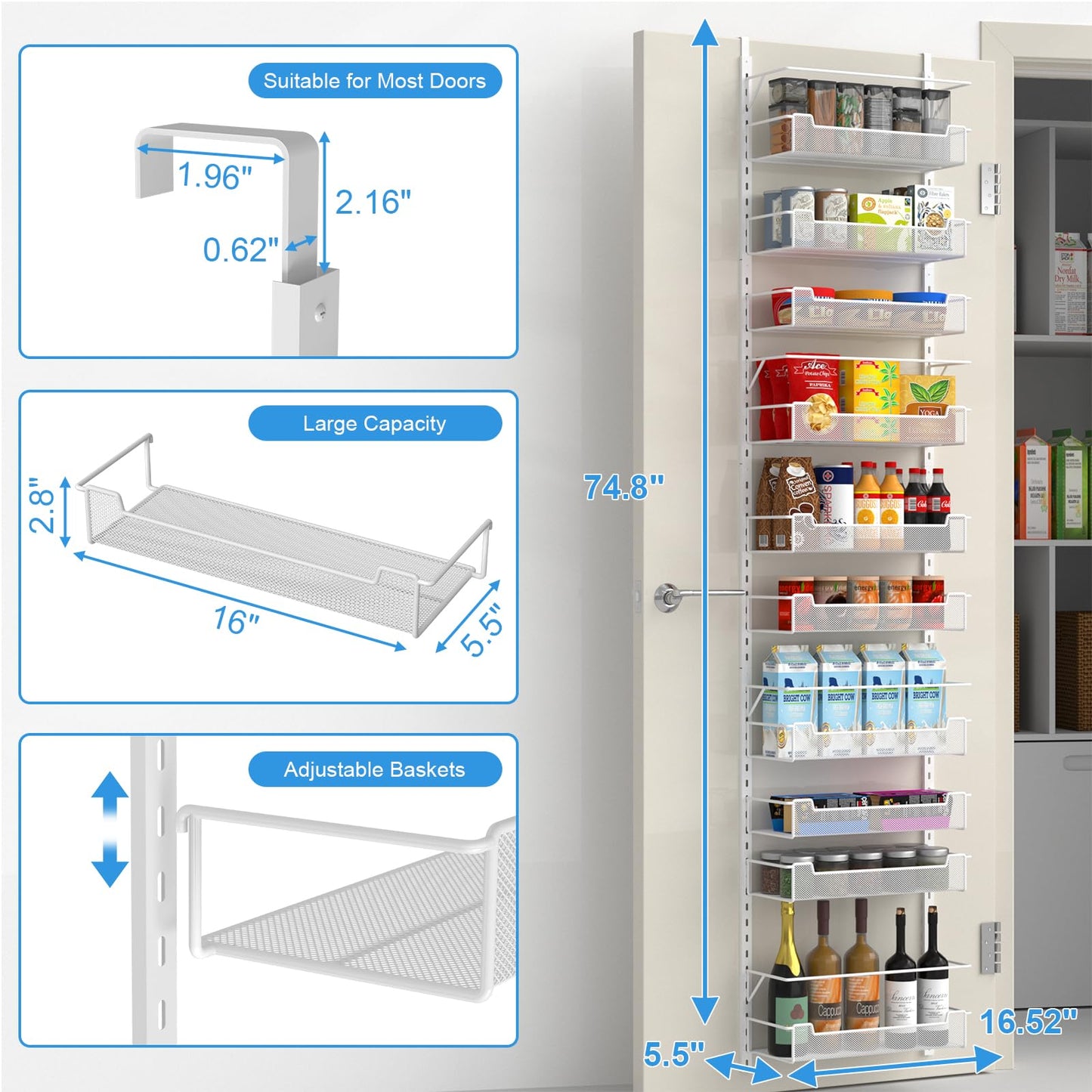 VyGrow 10-Tier Over the Door Pantry Organizer with Adjustable Basket, Pantry Door Organization for Pantry Kitchen Storage Room Spice Rack, White