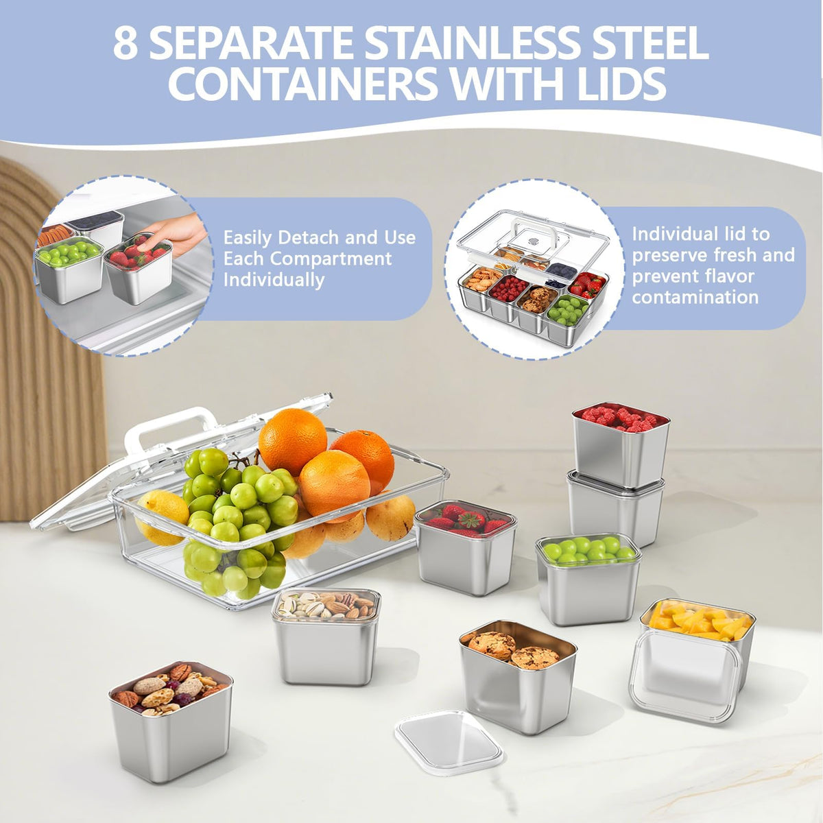 1pcs Snackle Box Container, Stainless Steel Divided Serving Tray with Lid and Handle, 8 Compartment Portable Snack Platters - Leak-Proof for Fruit Candy Nuts Veggie - Perfect for Travel Party