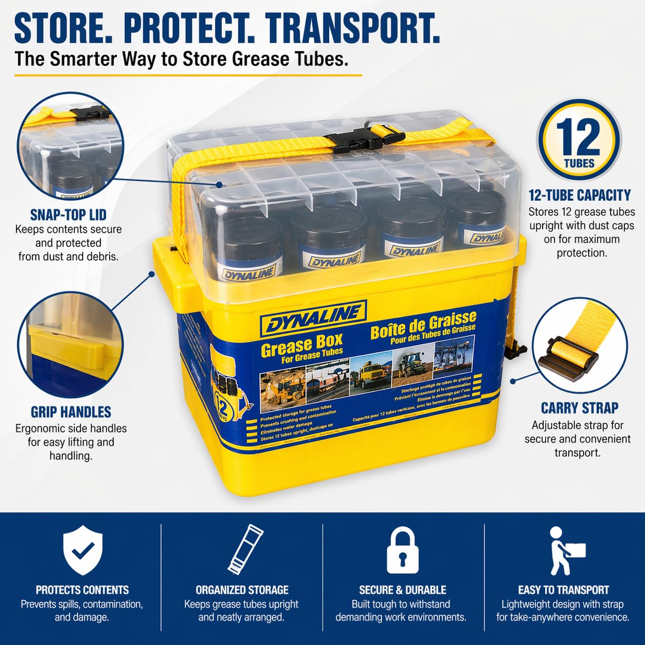 Dynaline Grease Box | Secure Storage for 12 Grease Tubes | Snap-Top Lid, Grip Handles & Carry Strap