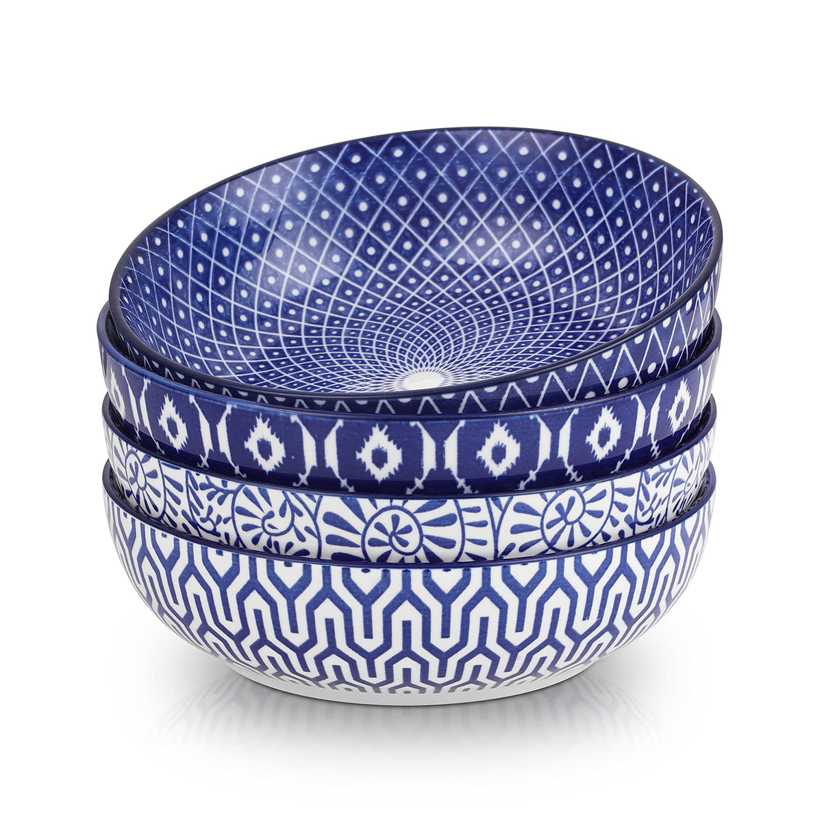 Selamica Ceramic 30 Ounce Pasta Bowls set of 4, 8 inch Serving Bowl Wide and Shallow Microwave Dishwasher Safe, Vintage Blue