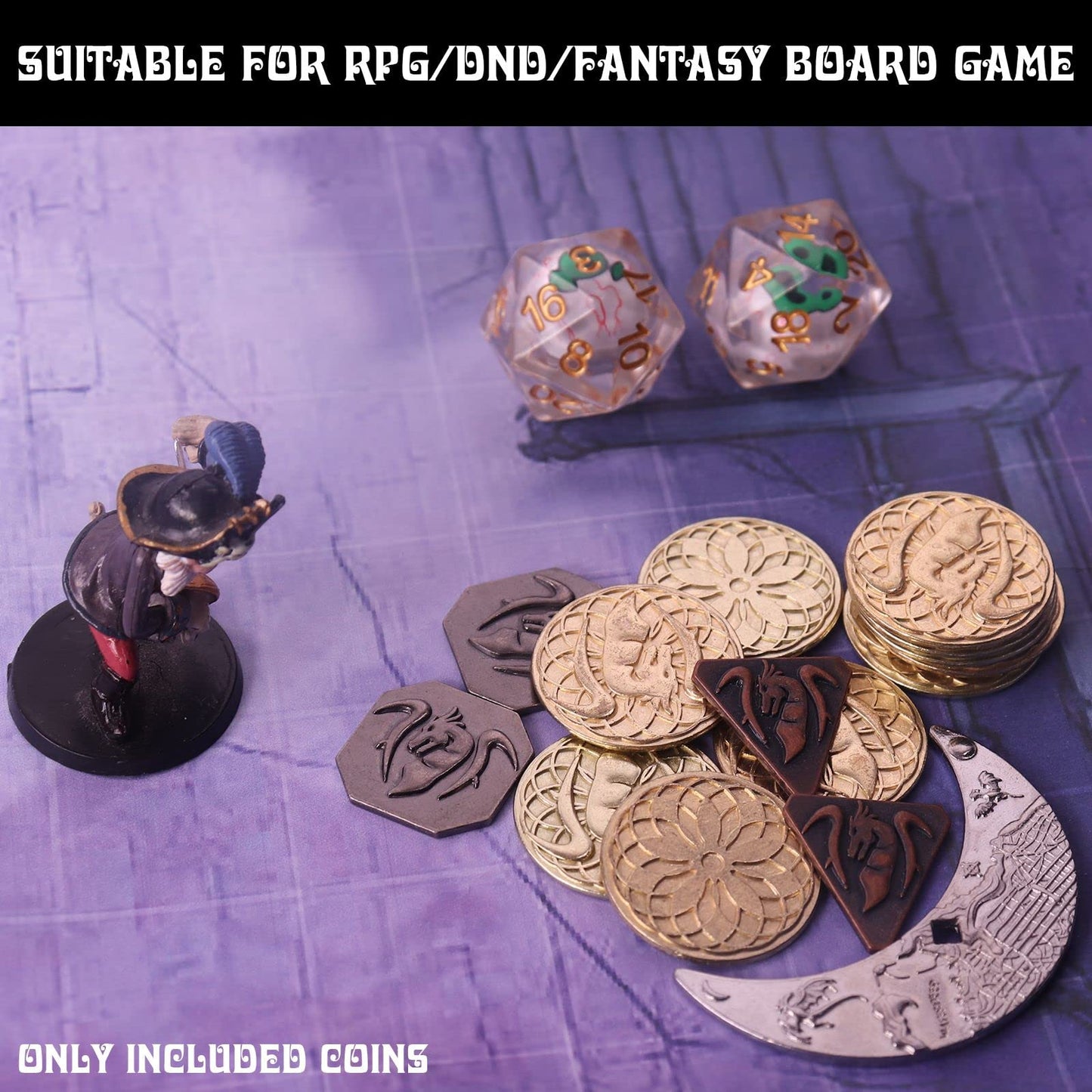 145PCS Metal DND Coins & Leather Bag, Contains 60 Gold Coins, 40 Sliver Coins, 40 Copper Coins and 5 Platinum Coins, Game Tokens with Glow in The Night Eyes Leather Bag for RPG Tablelap Games