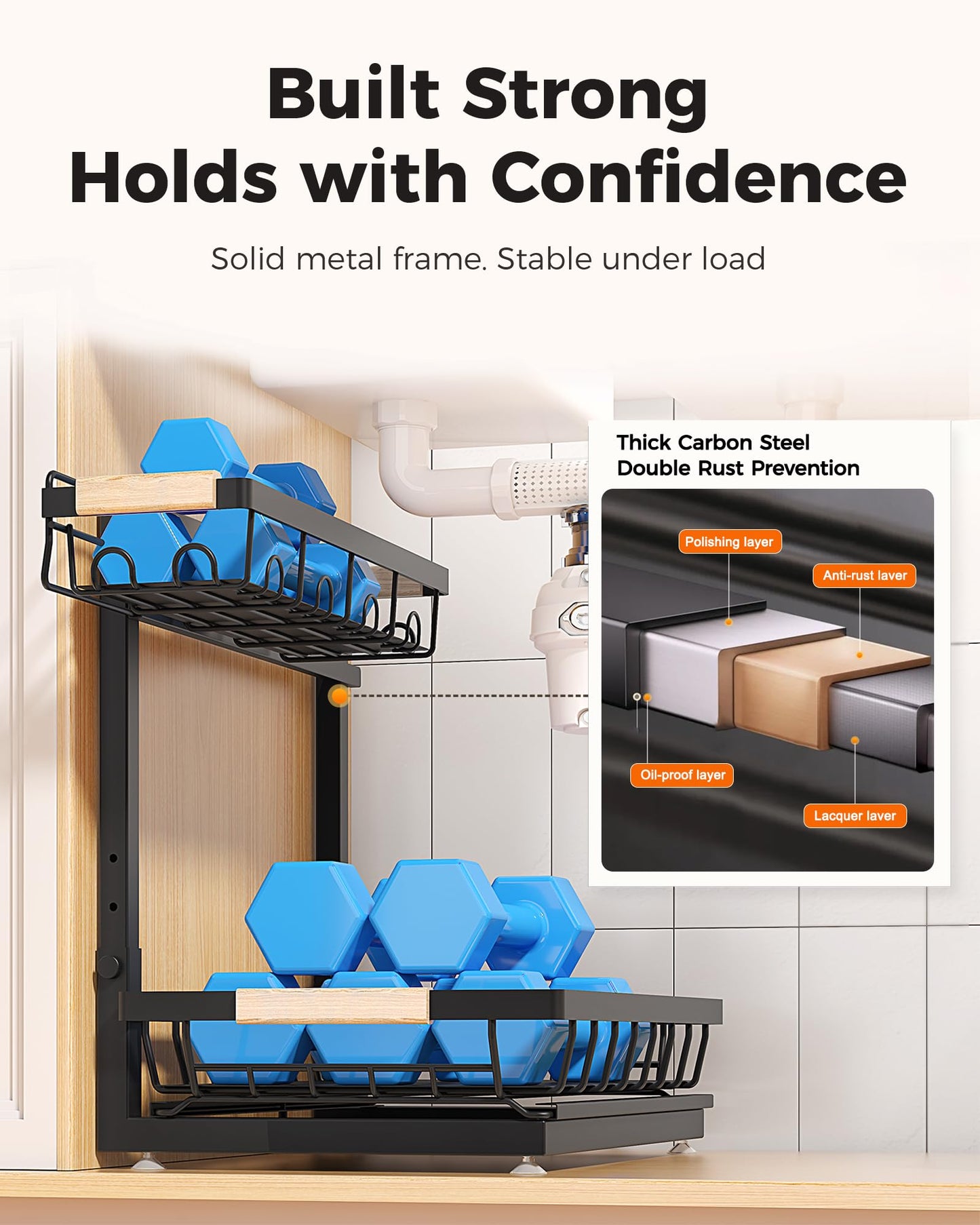 Sevenblue 3 Pack Under Sink Organizer, Height Adjustable 2 Tier Metal Under Kitchen Sink Organizer, Multi-Purpose Storage Shelves for Kitchen Bathroom Cabinet (Black)
