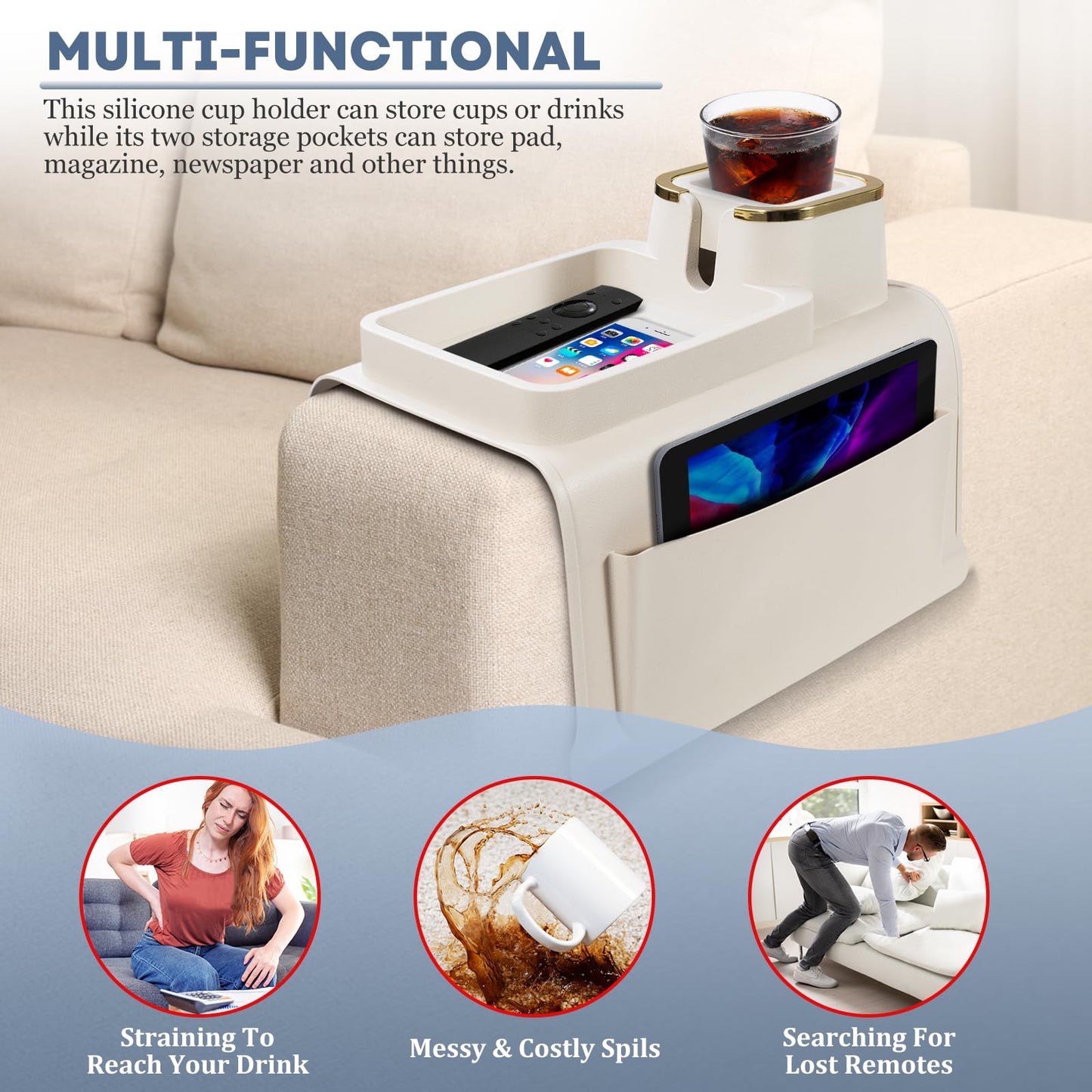Sofa Cup Holder with Tray & Dual-Sided Caddy, Large Silicone Sofa Arm Tray, Premium Quality, Non-Slip & Spill-Resistant Holder, Multipurpose Cup Holder for Couch and Sofa