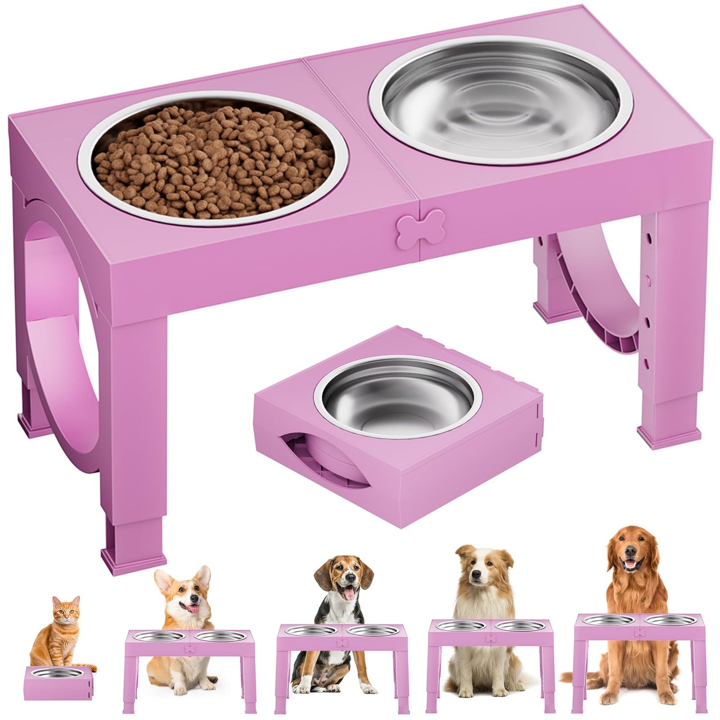 XiaZ Elevated Dog Bowl, 5 Heights Adjustable 9|11|12|14in Dog Raised Bowl Stand with Two 1L Stainless Steel Dog Food and Water Bowls, Pet Bowl Holder to Protect Dogs Joints for Small Medium Large Dogs