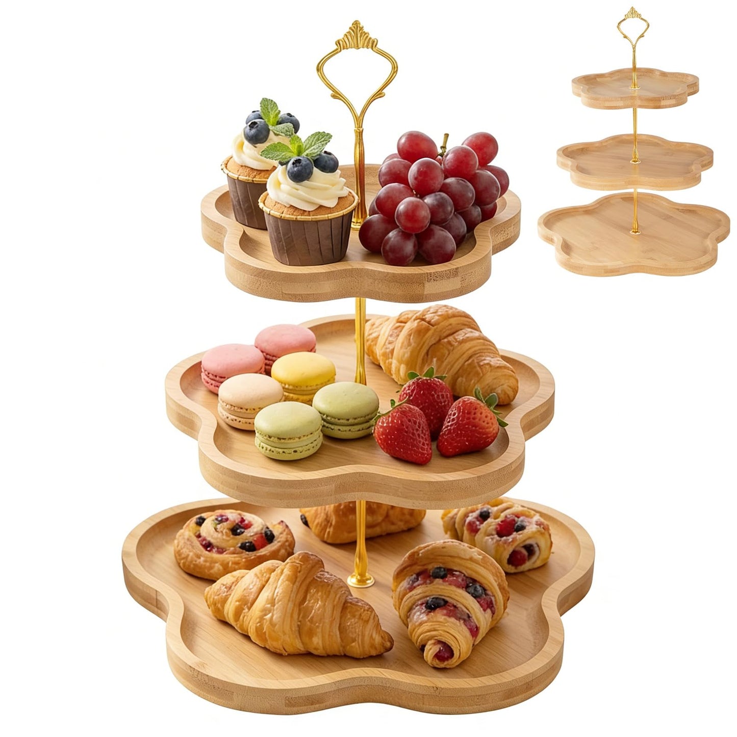 DUJUST Elegant 3-Tier Wooden Cupcake Stand with Flower-Shaped Design, Rustic Bamboo 3 Tiered Serving Tray for Cupcake, Desserts, Party, Wedding, Farmhouse & Home Decor, Easy to Install & Clean