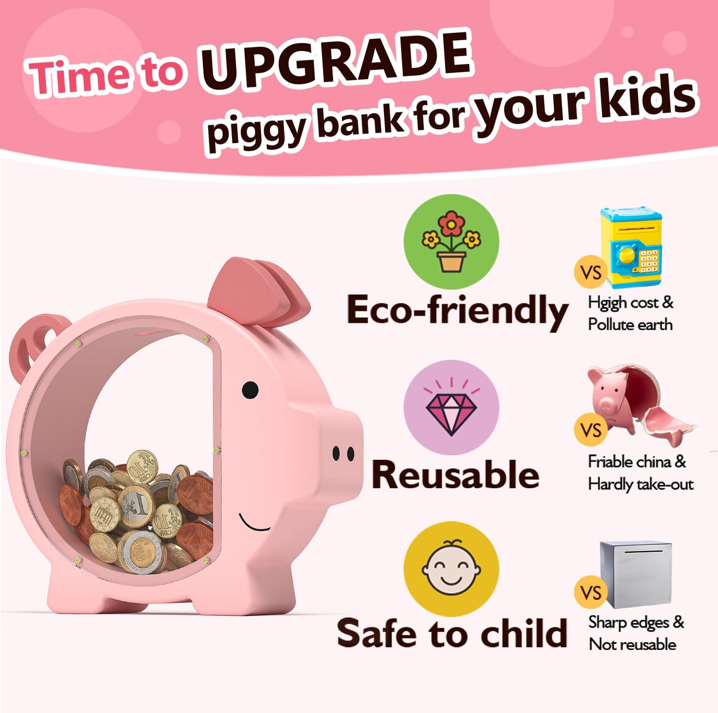 Summidate Wooden Piggy Bank for Girls, Cute Money Bank for Kids Boys, Unbreakable Coin Bank, Creative Saving Money Jar Personalized Gifts for Child Birthday Gift & Decor