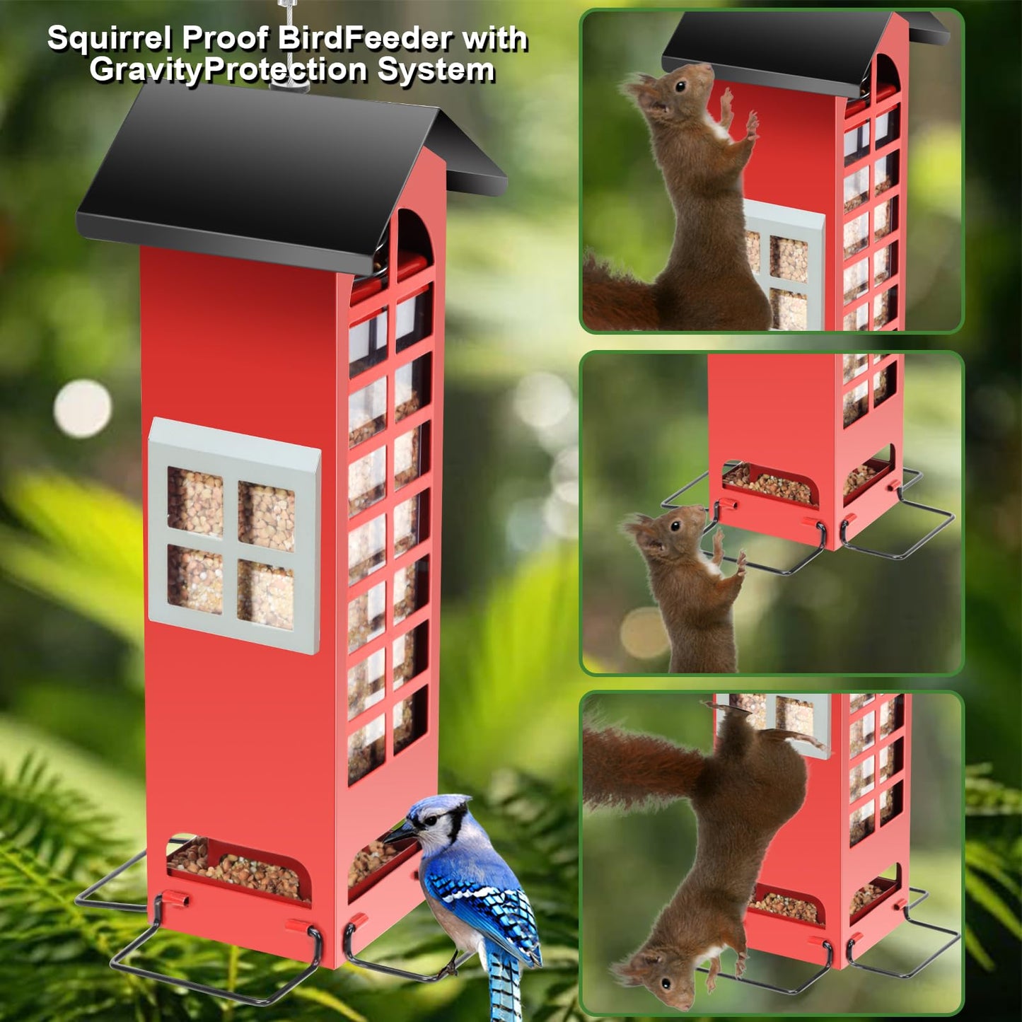 Bird Feeders Squirrel Proof for Outdoors Hanging - Weight Activated Metal Wild Bird Feeders Tube Birdhouse Seed Feeder with 4 Feeding Ports,2.5LB Capacity for Cardinal,Sparrow,Finch,Chickadee