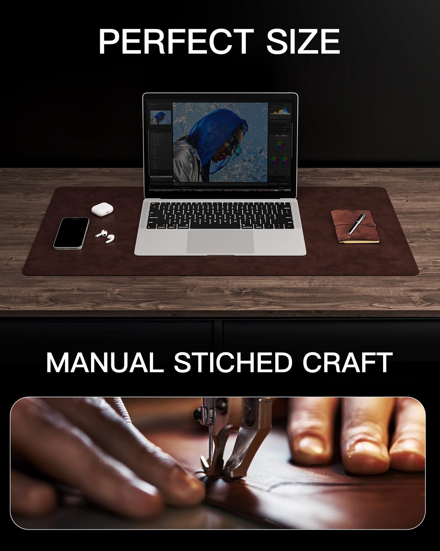 YSAGi Genuine Leather Desk Mat, Office Desk Pad, Thick Premium Table Pad with Stitched Line, Non-Slip Laptop Writing Pad with Rubber Base (Dark Brown, 31.5"x15.8")