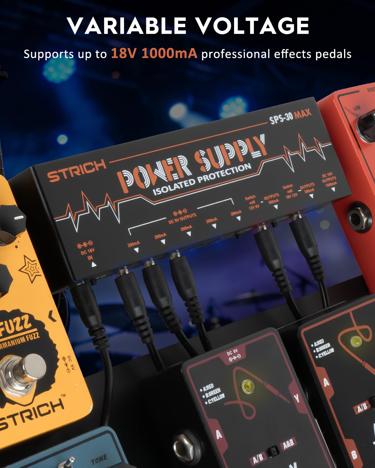 STRICH Guitar Pedal High Power Supply, Pedalboard Power Supply with 8 Totally Independent DC 9V/12V/18V Outputs(200mA/300mA/1000mA) for Power-hungry Effect Pedal, SPS-30 MAX