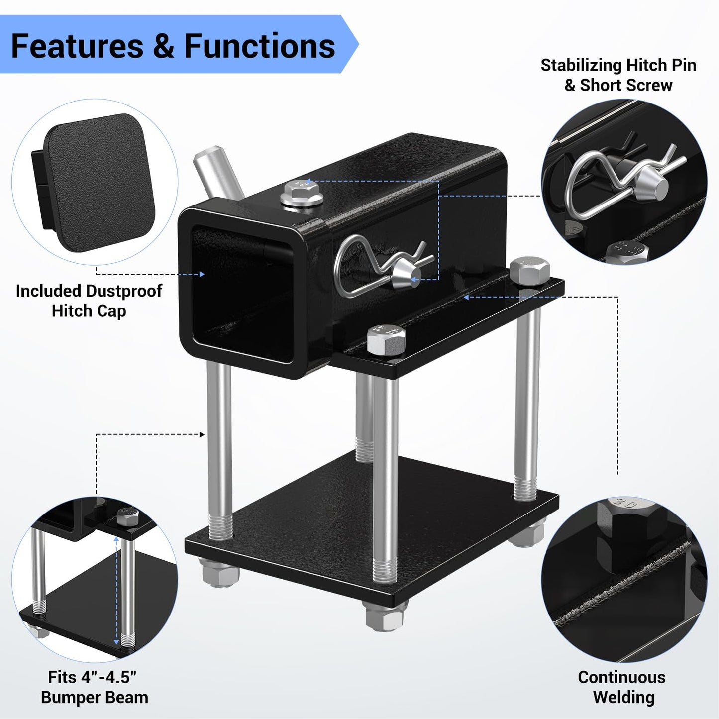 Ohuhu RV Bumper Hitch Receiver Adapter, Bolt-on 2" Receiver for 4" to 4.5" Beam with Hitch Bin and Cover, 200Lbs Tongue Weight Capacity, Fits Trailer, Bike Rack, Cargo Carrier and Other Accessories