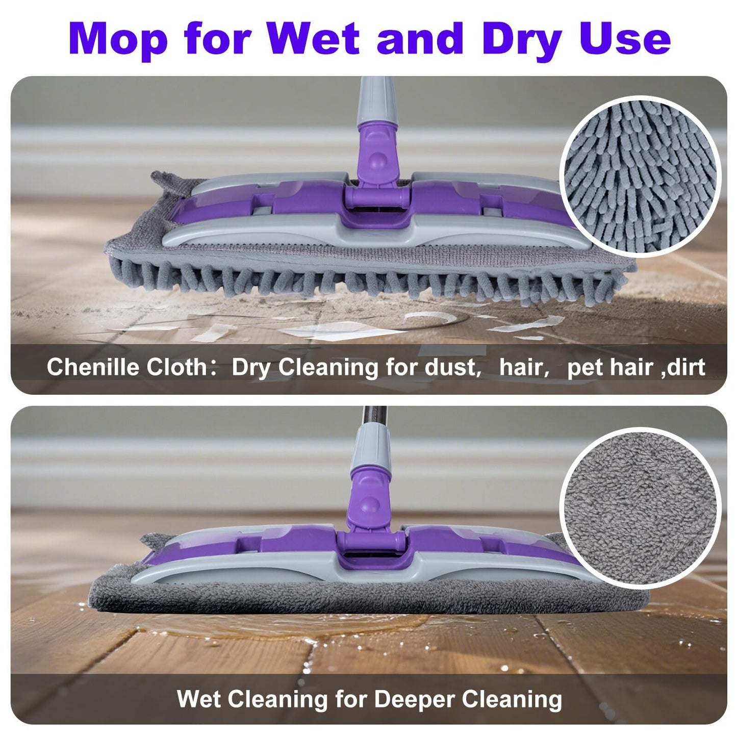 ITTAHO Microfiber Mops for Floor Cleaning ,Wet Dry Flat Mop with Stainless Steel Telescopic Handle,4 Reusable Mop Pads , Dust Mop for Hardwood Floors ,Home,Laminate,Tile,Hardwoods Cleaning (Purple)