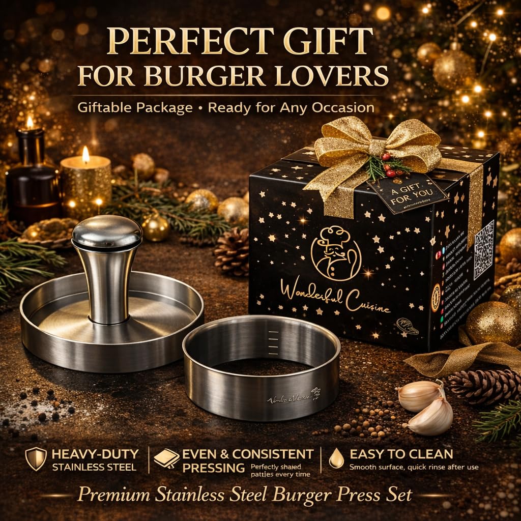 Stainless Steel Burger Press & Meat Patty Maker, Heavy Duty One-Piece Design, Non-Stick Round Hamburger Press for Beef, Turkey & Veggie Patties