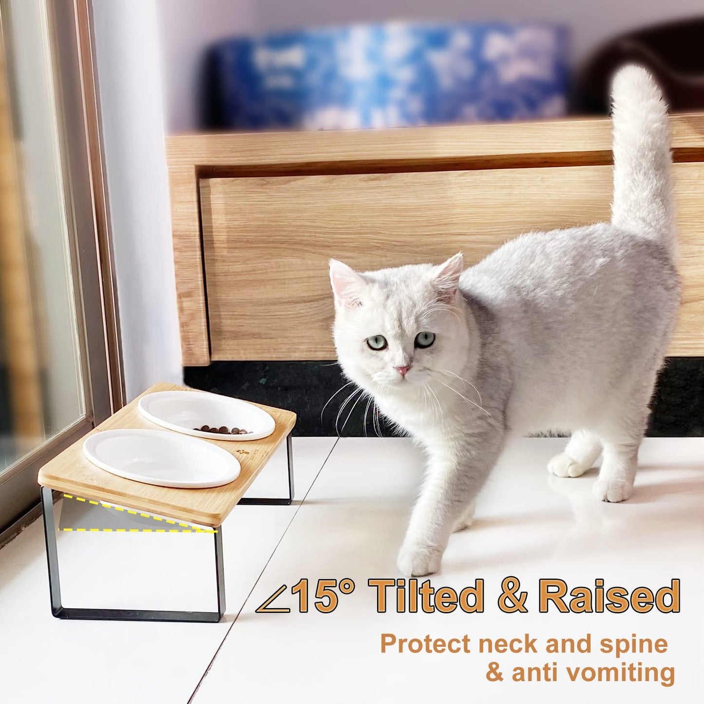 Sunhoo Cat Bowl Elevated Cat Food Water Bowls Raised Kitty Dish Set of 2 Ceramic 15° Tilted Puppy Dishes Pet Bowl with Bamboo Stand Indoor Anti Vomiting (Yellow)