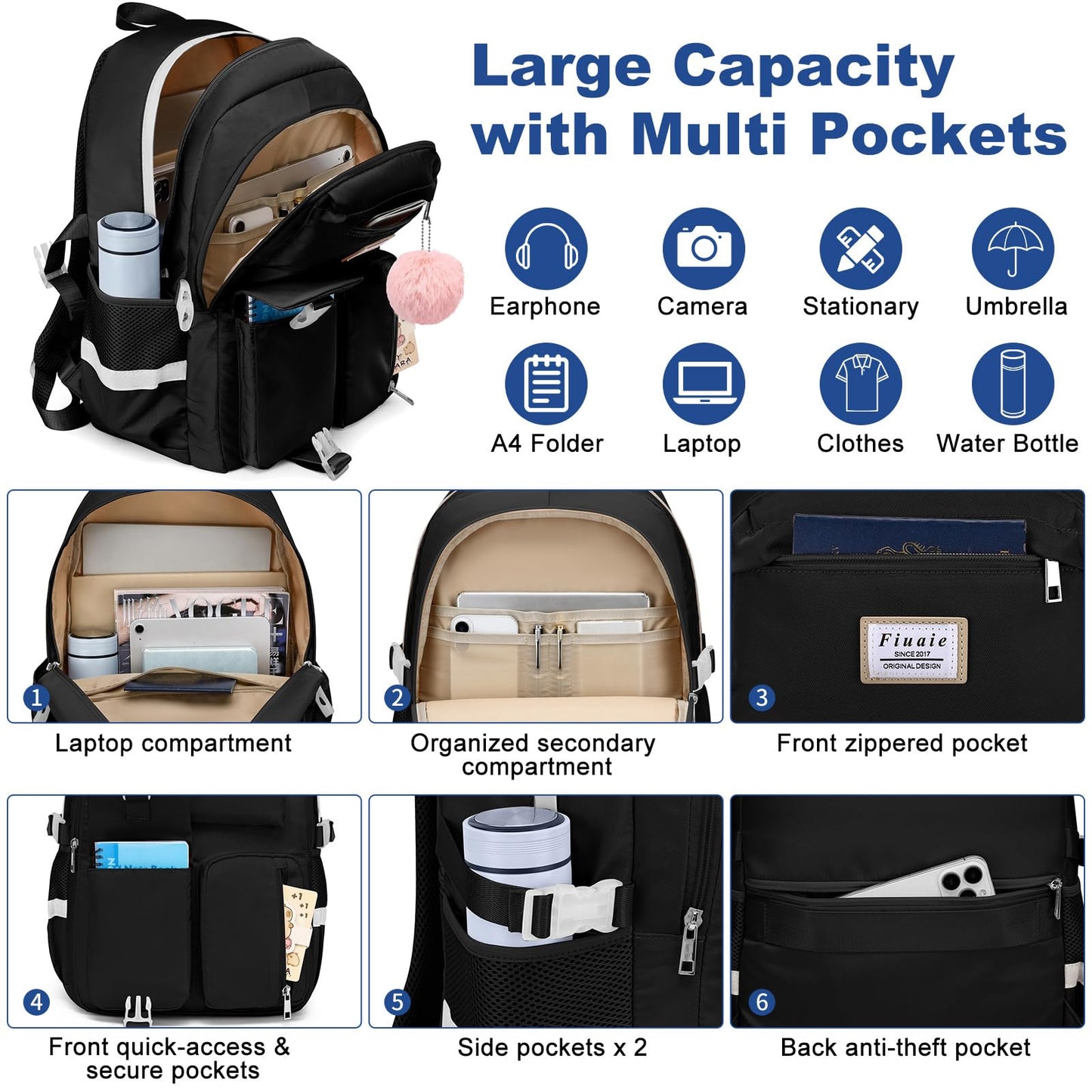 Laptop Backpack for Women College Bookbag: 15.6 Inch Student Backpacks Anti Theft Daypack Large Cute Middle High School Bag Fashion Travel Back Pack Casual Book bag for Teen Girls Black