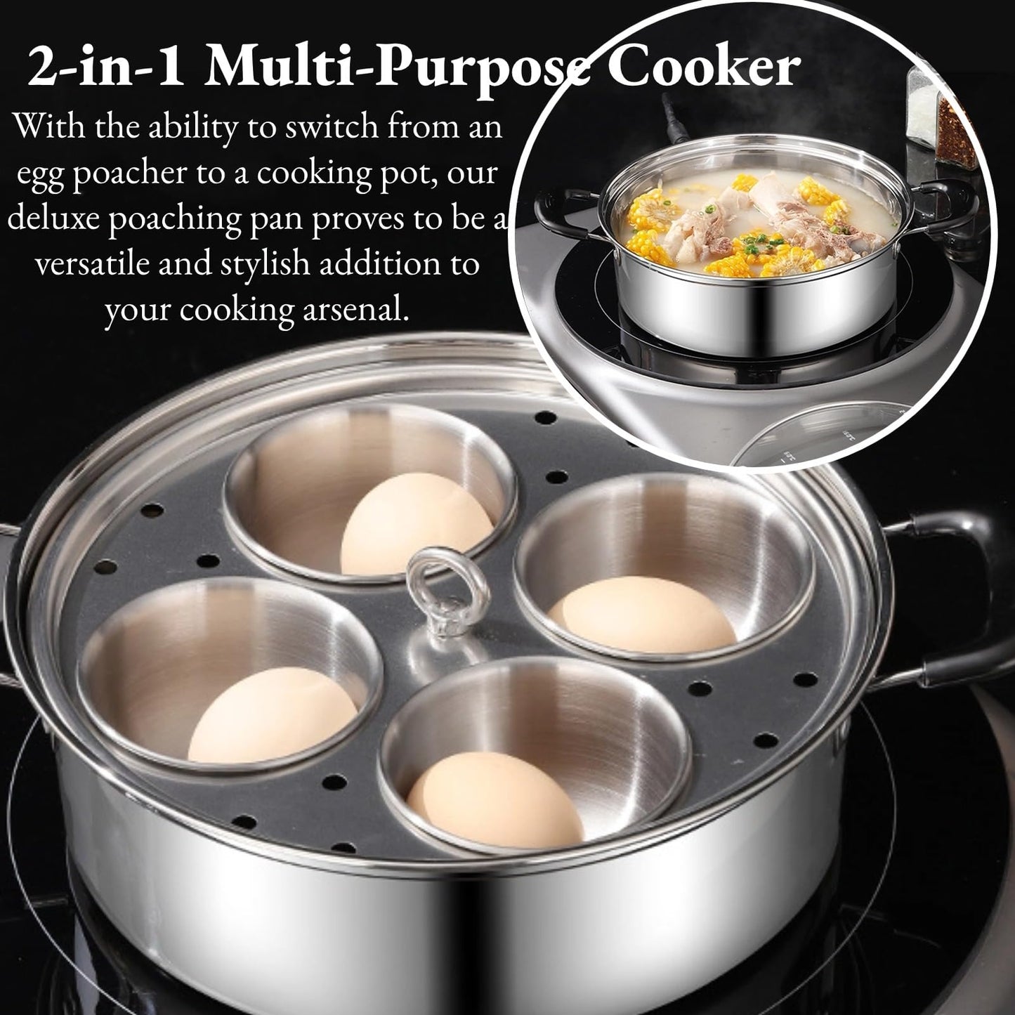 GOVNPJ Egg Poacher Pan, 4-Cup Stainless Steel Egg Poacher, Silver
