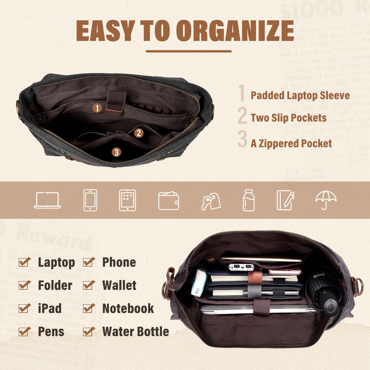 Messenger Bag for Men,Vintage Canvas Leather Canvas Laptop Satchel Shoulder Bag Business Briefcase, Gray-fits 14inch Laptop, Fits 14in Laptop