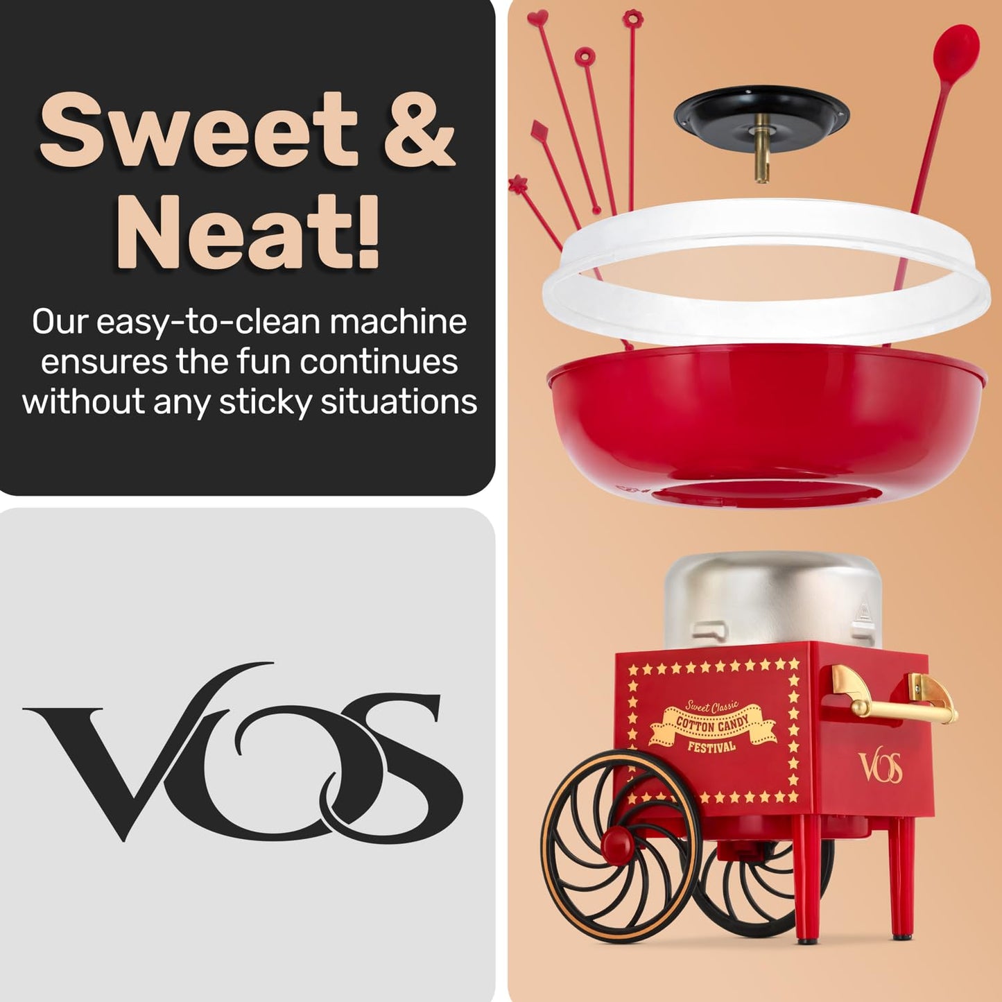 VOS Mini Cotton Candy Machine for Kids, Red Retro Sugar Candy Maker, Cotton Candy Maker Machine Kit: includes 15 Candy Sticks & 1 Sugar Scoop – Ideal for Home Use, Small Parties & Intimate Gatherings