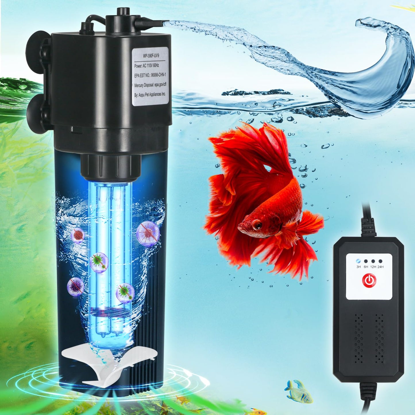 Aquarium U-V Filter w/Cycle Timer for 40-75 Gal. Large Turtle Fish Tank, Swirl Turb. Design 4-in-1 Quiet Pump, Green Clean Machine Internal 211GPH Saltwater Freshwater Keep Crystal Clear