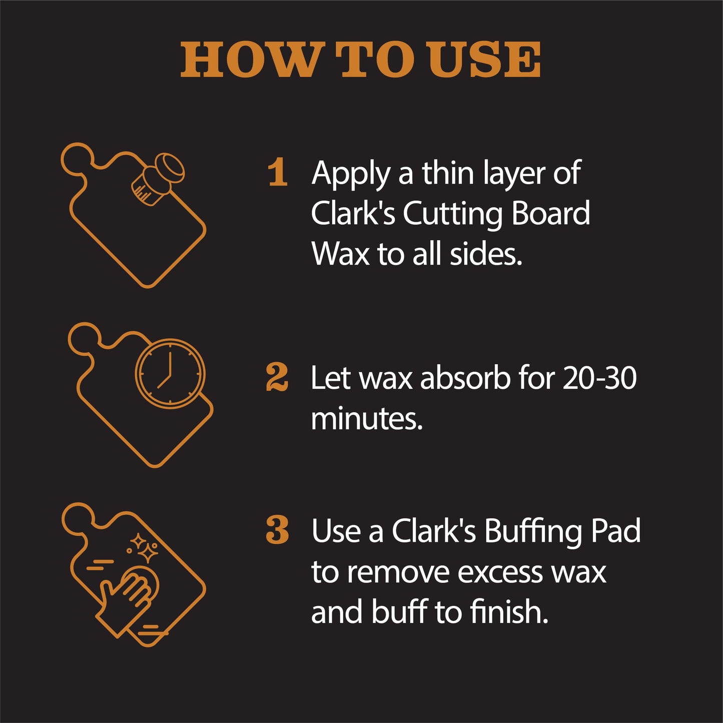 CLARK'S Cutting Board Finishing Kit - Includes Food Grade Mineral Oil (12 oz) - Cutting Board Wax (6oz) - Applicator and Buffing Pad - Orange-Lemon Scented - Butcher Block Oil Included