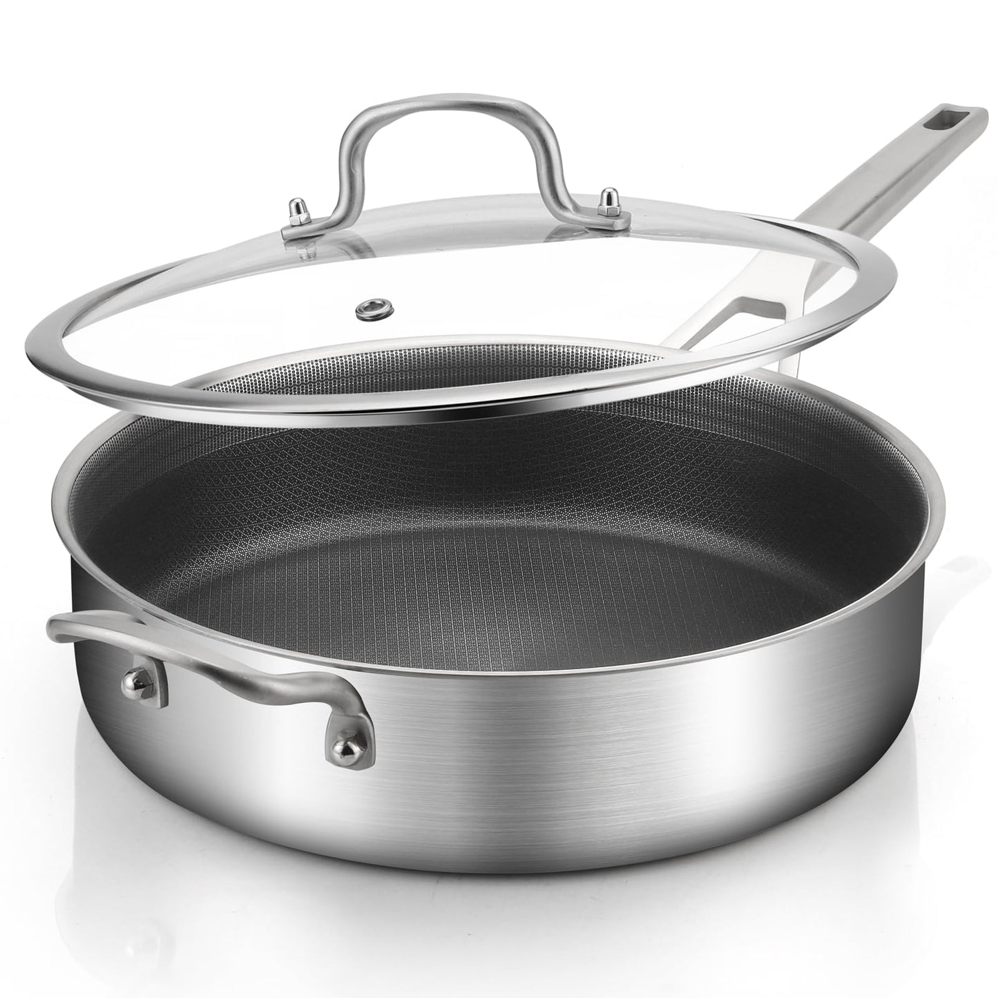 Stainless Steel 6 Quarts Saute Pan with lids, Nonsitck 12.5 inch Jumbo Cooker, 3 Layer Deep Frying pan with Stay Cool Handle, Dishwasher and Metal Utensil Safe
