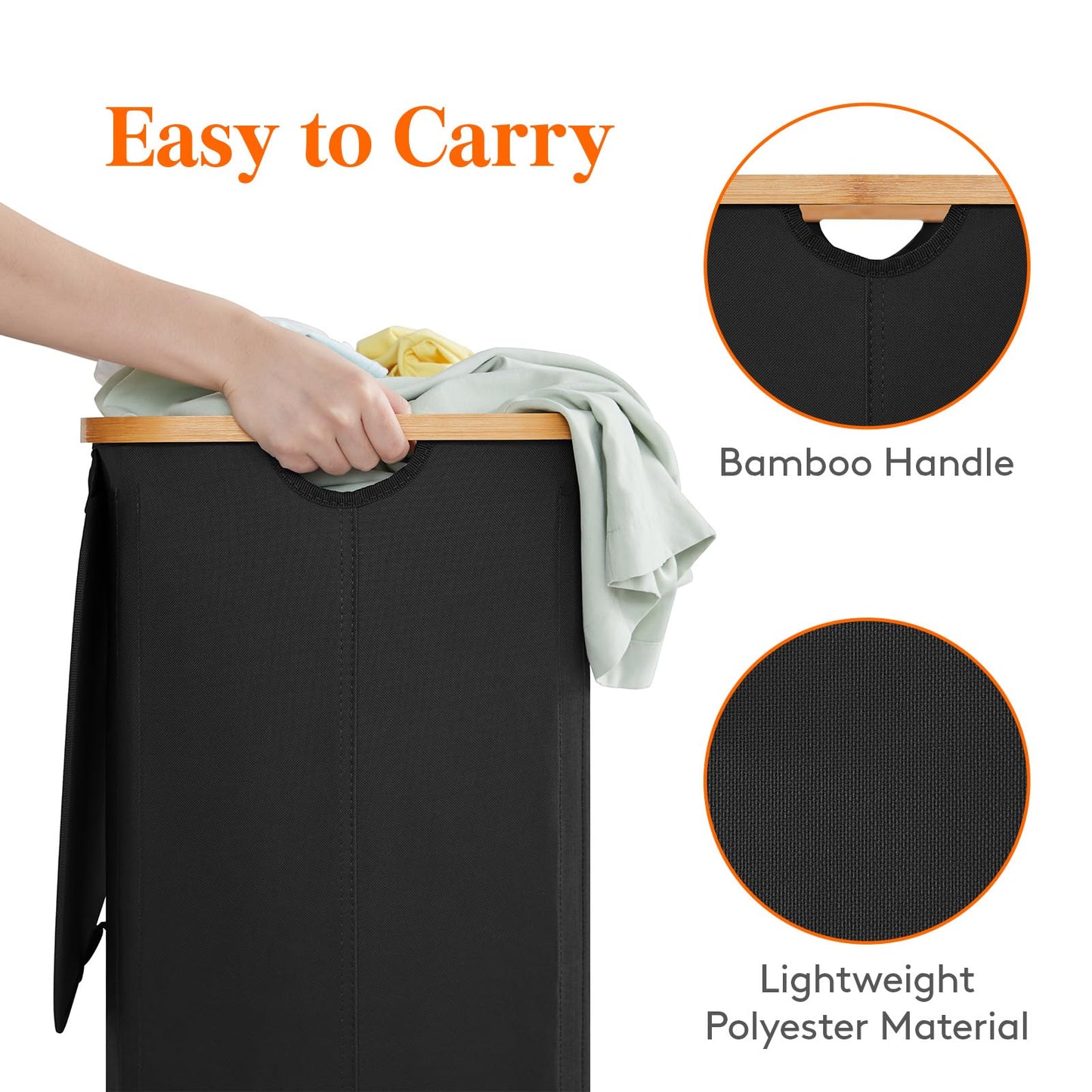 Lifewit Large Laundry Basket with Lid, Collapsible Laundry Hamper with Removable Laundry Bag, Tall Clothes Storage Laundry Bin with Bamboo Handles for Bedroom, Bathroom, Laundry Room, Black, 100L