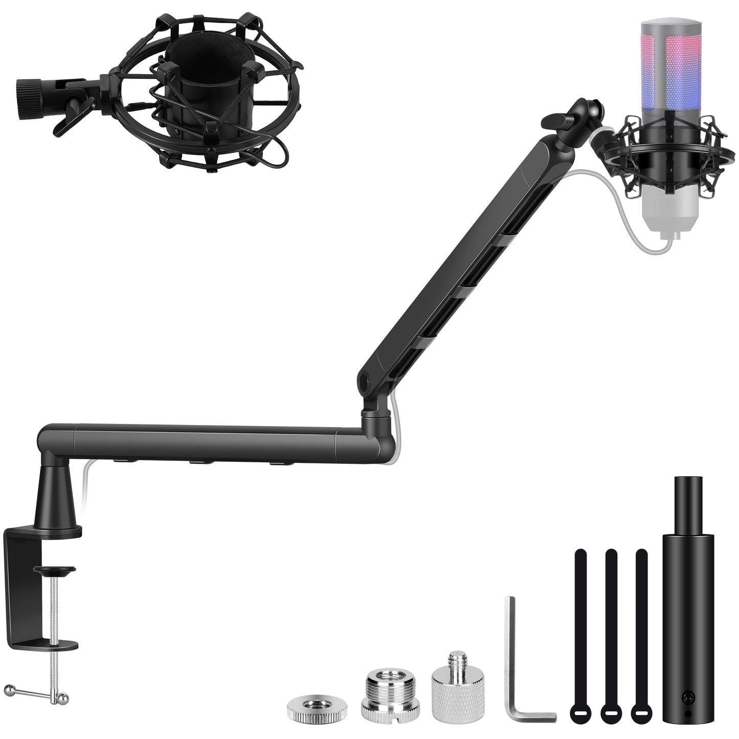 CAHAYA Mic Boom Arm Stand - Low Profile Desk Microphone Stand 360° Rotatable Height Adjustable with Shock mount 3/8" to 5/8" and 3/8" to 1/4" Adapters Cable Mangement for Podcast Gaming Streaming